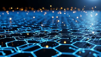 Advanced digital network grid with glowing blue lines and data