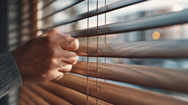 Medium shot showcasing wooden blinds with smooth finishing being adjusted by hand emphasizing texture and warm tones in a modern office space.