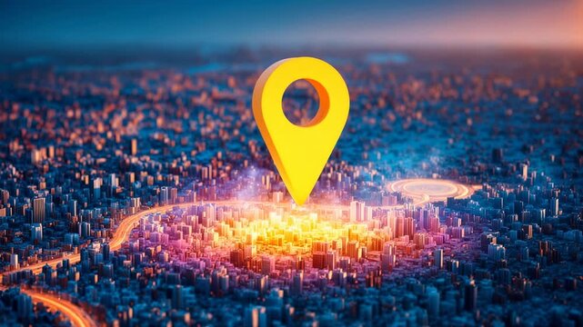 Glowing location pin marker hovers above illuminated cityscape at night symbolizing navigation delivery services and urban technology maps