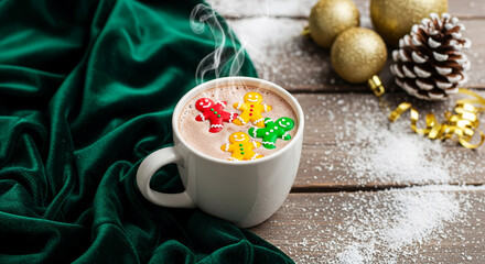 Steaming mug of hot chocolate with colorful gingerbread man, gold ornaments and cone on wood surface, representing festive holiday and winter cheer