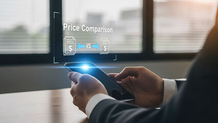 Modern executive uses smartphone for digital price comparison smart online shopping financial analysis budget