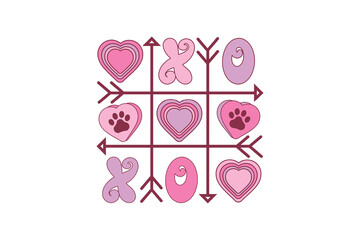 Valentine's Day Tic Tac Toe Game with Hearts and Paws Sublimation Design