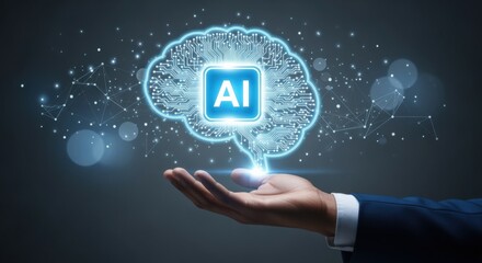 Artificial Intelligence Conceptual Image Featuring Human Hand Holding Brain-Shaped Circuitry with Glowing Elements