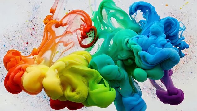 Dynamic vibrant rainbow ink diffusion in clear liquid creating mesmerizing abstract art patterns and flowing colorful plumes