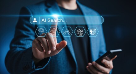 AI Search Interface: Man Interacting with Futuristic Technology, Exploring Artificial Intelligence Through Digital Screen