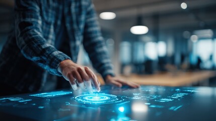 Man Interacting with Advanced Holographic Interface, Modern Technology and Futuristic User Experience in a High Tech Environment