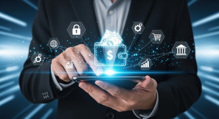Digital Wallet Concept: Businessman using Smartphone with Graphic Interface for Online Finance Management