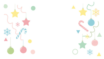 Colorful Christmas decorations hanging from ribbons on a white background, featuring ornaments, stars, candy canes, and snowflakes to celebrate Christmas Day with a festive mood.