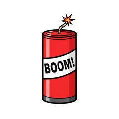 Obraz premium A cartoon illustration of a single dynamite stick with the word BOOM! on it. The dynamite is red with a white label and a lit fuse. isolated on a transparent background