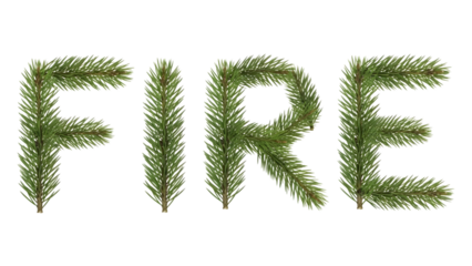 Green pine branches forming the word F I R E isolated on a transparent background FIRE