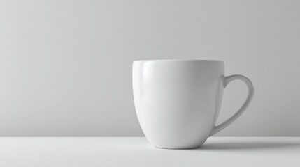 Obraz premium A clean, white ceramic mug sits on a plain white surface, against a soft gray backdrop