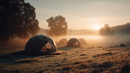 Fototapeta premium Tranquil Sunrise Over Glamping Domes in Foggy Meadow, Showcasing Serenity and Nature's Beauty at Dawn in a Picturesque Landscape