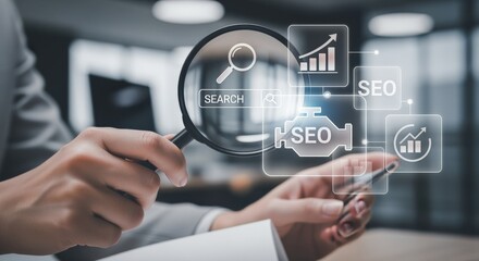 Fototapeta premium SEO Analytics Concept: Hands Holding Magnifying Glass Analyzing Digital Marketing Data and Website Optimization Strategies