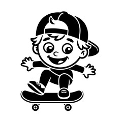 Stylish young skater jumping, skating Skateboard. Teenagers street culture entertainment. Skateboarding guy Hand-drawn outline contour silhouette. Can be used as tatoo, t-shirt. Vector illustration.