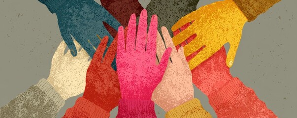 Diverse hands united in colorful illustration symbolizing teamwork, unity, and collective pride