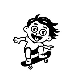 Stylish young skater jumping, skating Skateboard. Teenagers street culture entertainment. Skateboarding guy Hand-drawn outline contour silhouette. Can be used as tatoo, t-shirt. Vector illustration.