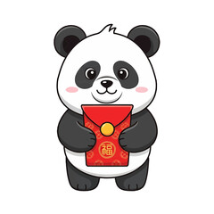 Fototapeta premium Cute panda holding a red envelope. The panda has a classic black and white coat and big eyes, and holding red packet isolated on a transparent background