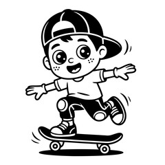 Stylish young skater jumping, skating Skateboard. Teenagers street culture entertainment. Skateboarding guy Hand-drawn outline contour silhouette. Can be used as tatoo, t-shirt. Vector illustration.