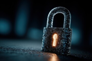 Glowing digital lock symbol on a dark blue background representing security, protection, and digital privacy