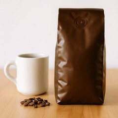 Brown metallic coffee bag packaging with scattered roasted beans and white ceramic mug display