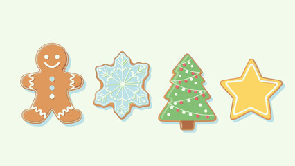 Colorful Christmas Day cookies including a gingerbread man, snowflake, tree, and star on a light green background with festive decorations.