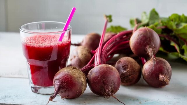 Fresh beetroot roots arranged beside glass of bright beet juice on light table promoting healthy nutrition organic vegetables and natural detox drink