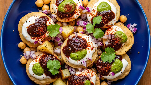 Colorful Indian Dahi Puri Chaat with Yogurt and Chutneys, Top View