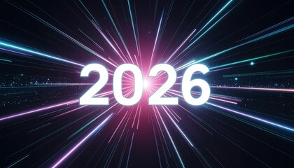 Futuristic neon light trails with 2026 text for new year celebrations