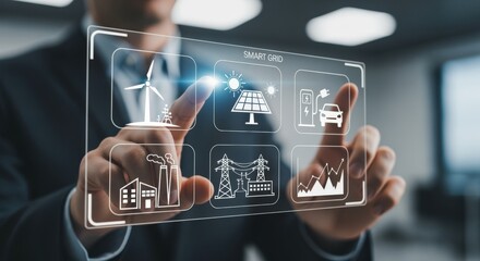 Smart Grid Interface Concept: Businessman Interacting with Sustainable Energy Icons on Transparent Display