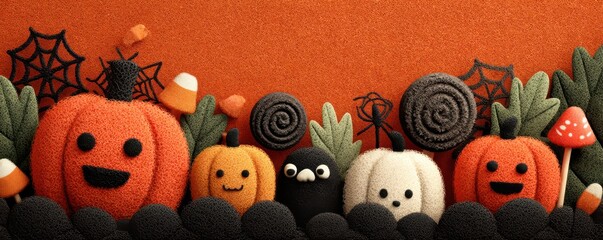 Halloween pumpkin family scene with cozy felt creatures, cobwebs, and playful spooky atmosphere