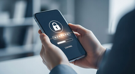 Person holding smartphone with password entry screen and loading indicator hands security