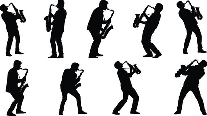Saxophone, player, silhouette, music, jazz, performance, musician, pose, dynamic, black, vector, illustration, concert, sound, rhythm, expressive, artistic, stage, energy, instrument