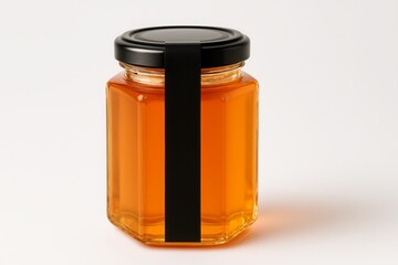 Hexagonal glass jar filled with golden honey featuring modern black lid on white studio background