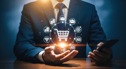 Businessman presenting an online shopping cart interface with glowing icons, showcasing digital commerce and technology solutions