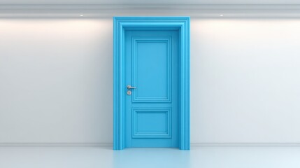 Obraz premium Blue door in a minimalist white room, creating contrast and depth for architectural design concepts