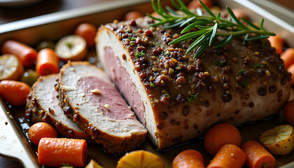 Roasted Pork Loin With Vegetables in Baking Tray