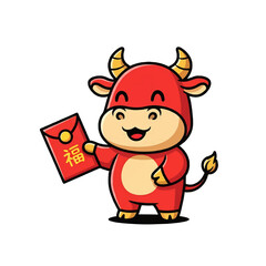 Fototapeta premium A festive cartoon ox holding a red envelope isolated on a transparent background