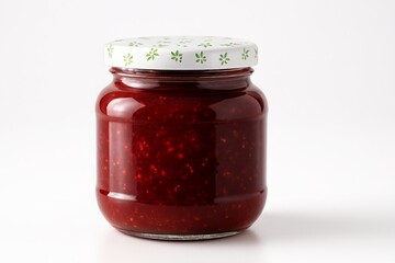Glass jar with red strawberry or raspberry jam preserve and decorative white floral pattern lid
