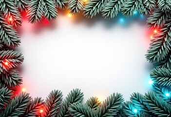 White rectangular frame with Christmas fir branches decorated with garland of colorful festive LED lights, Christmas or New Year background, template for greeting or gift card with space for text