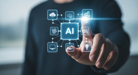 Artificial Intelligence Concept: Man Interacting with AI Interface, Touching Hologram for Futuristic Technology Integration