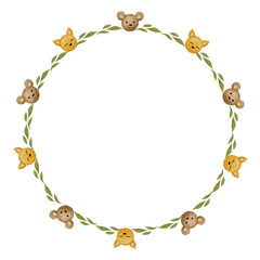 Round frame for baby in pastel colors. Watercolor wreath, backdrop for birthday card, gender party, baby shower, children's party. Greeting card, invitation in Scandinavian, boho, and retro styles. 
