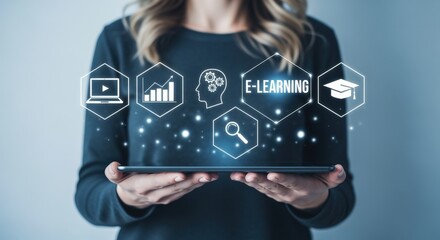 Woman holding a tablet with e-learning icons, showcasing online education, digital courses, and virtual learning solutions
