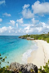 Obraz premium Turquoise Shores: Pristine Beach with White Sand and Lush Tropical Greenery