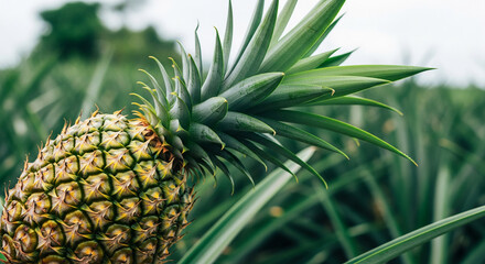Obraz premium Close-up of a ripe pineapple with spiky green leaves, presented against a blurred field background, representing tropical agriculture and harvest