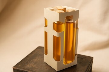 Honey packaging set with glass tubes and cork stoppers displayed in geometric white holder box