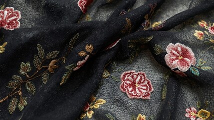 Black silk fabric with floral patterns