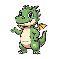 Fototapeta premium A cute illustration of a friendly green dragon with wings, thumb up, and a smiling face isolated on a transparent background