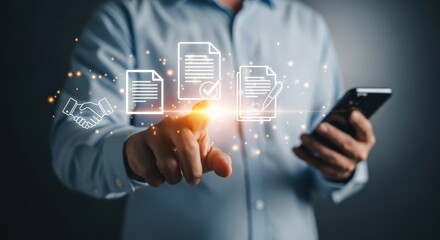 Digital Document Management: Businessman Interacting with Online Files for Efficiency and Secure Data Handling on Smartphone