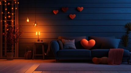 Cozy evening setting with warm string lights and heart decorations creating a romantic ambiance