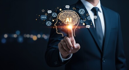 Businessman Interacting with Artificial Intelligence Interface, Modern Technology Concept with Glowing Digital Brain